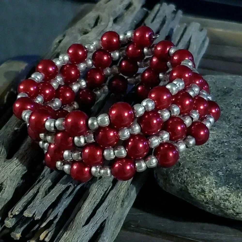 Handcrafted Medium Red Glass Pearl Silver Beads Wrap Bracelet